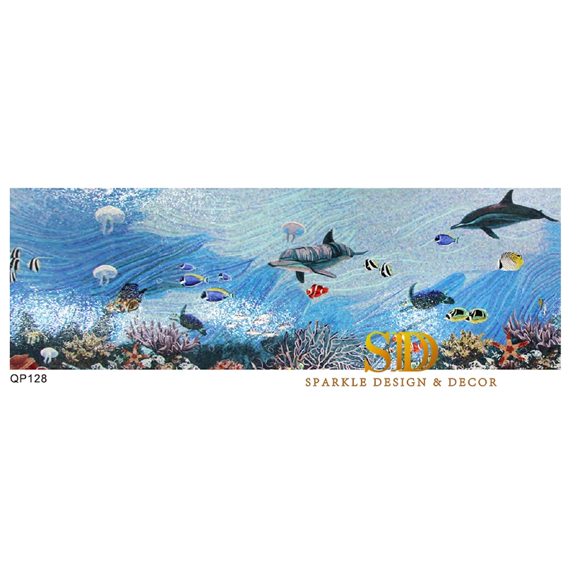 Customized Beautiful Ocean Fishes Glass Mosaic Wall Mural for Home Wall Decoration