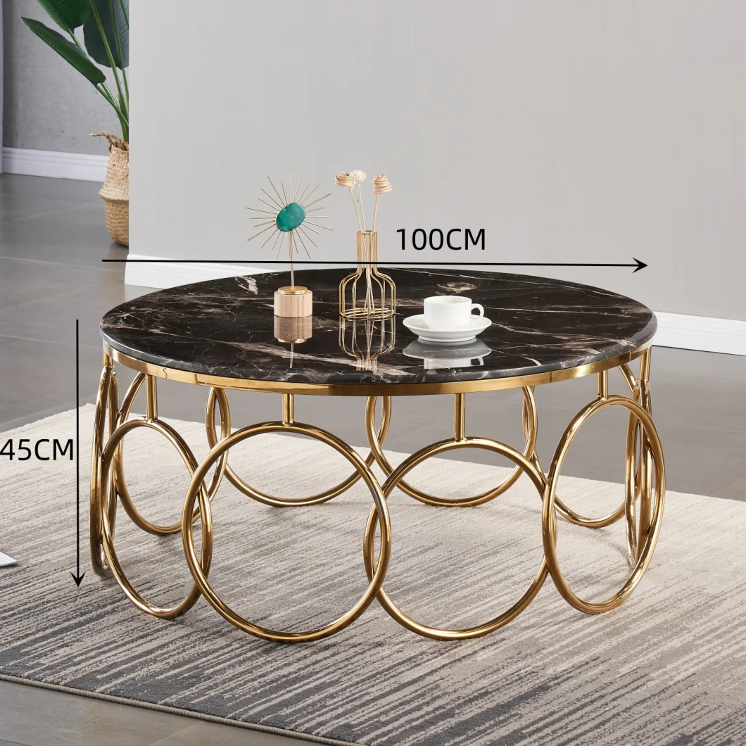 Modern Design Black Marble Gold Round Rings Stainless Steel Center Coffee Table