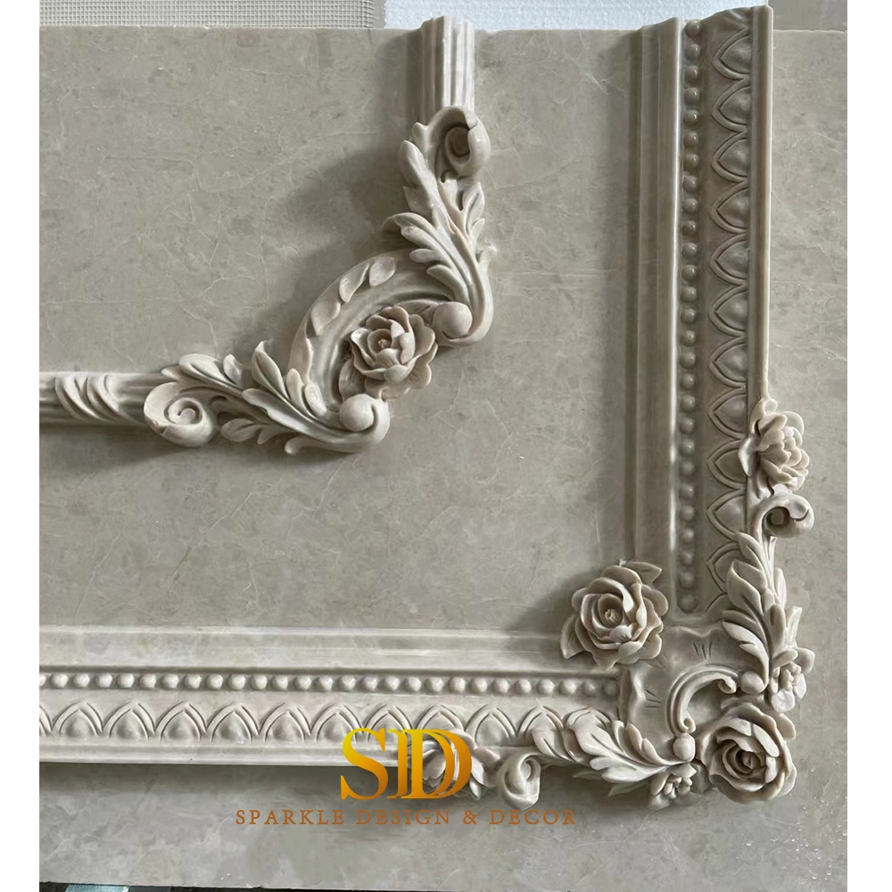 Exquisite Vivid European Marble Carving Design Beige Marble Flower Relief Wall Art Panel for Villa Palace Decoration