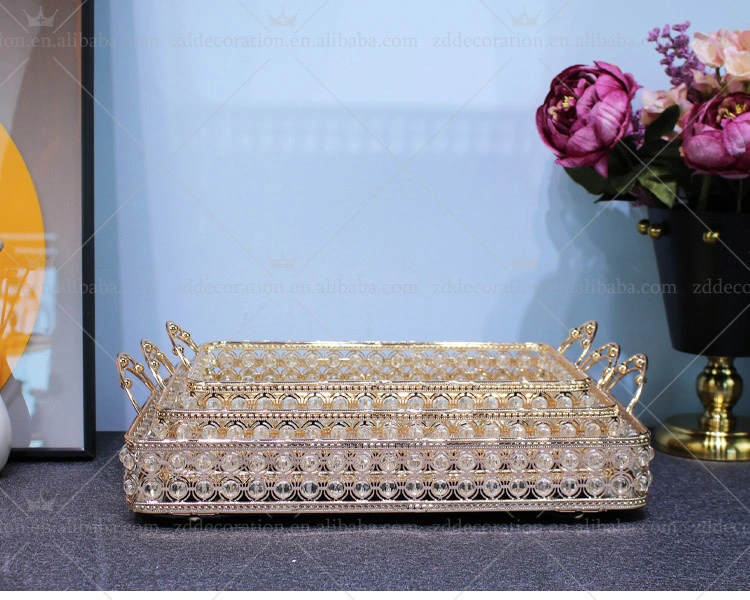 Wholesale Home Decor Raw Glass Tray Vanity Gold Metal Mirror Crystal Storage Serving Tray for Decorative