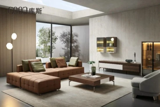 Chinesischer Großhandel, modernes italienisches Villa-Haus, Wohnzimmer, luxuriöse L-förmige Sofagarnitur, getuftete Echtledermöbel, Diwan-Sofa-Set mit Couchtisch