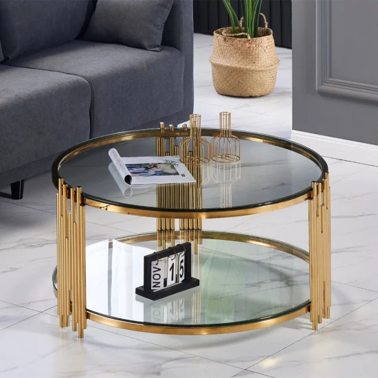 Modernes Design, luxuriöser, goldfarbener Edelstahl-Wohnzimmer-Wohnmöbel-Couchtisch mit schwarzer Glasplatte und rundem Mittel-Couchtisch