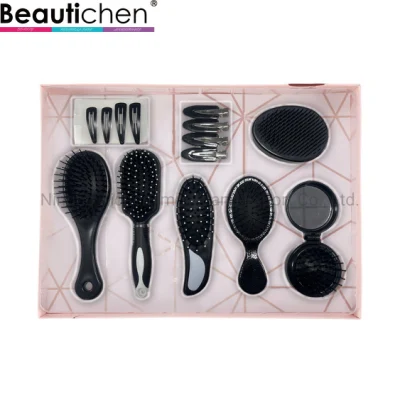 Beautichen Schwarzes Geschenkset mit Haarbürsten, faltbare Haarbürsten mit Spiegel und Haarklammern, 8-in-1-Neuheits-Haarbürsten-Set